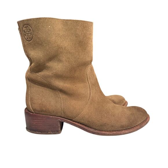 Tory Burch Women’s 6.5M Tan Suede Mid-Calf Boots Stacked Heel Western Style - Picture 1 of 11